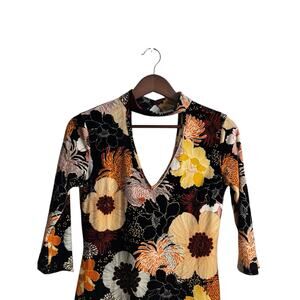 Y2K 90s S Mini Dress Oriental Retro Print Velvet Bodycon Cut Out Dress V Neck